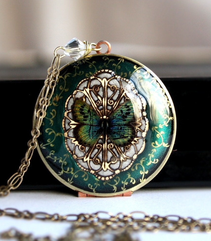 Wedding Locket / Blue / Green / Pearl / Butterfly Locket / Upcycled Vintage Necklace / Bridal Jewelry / Personalized