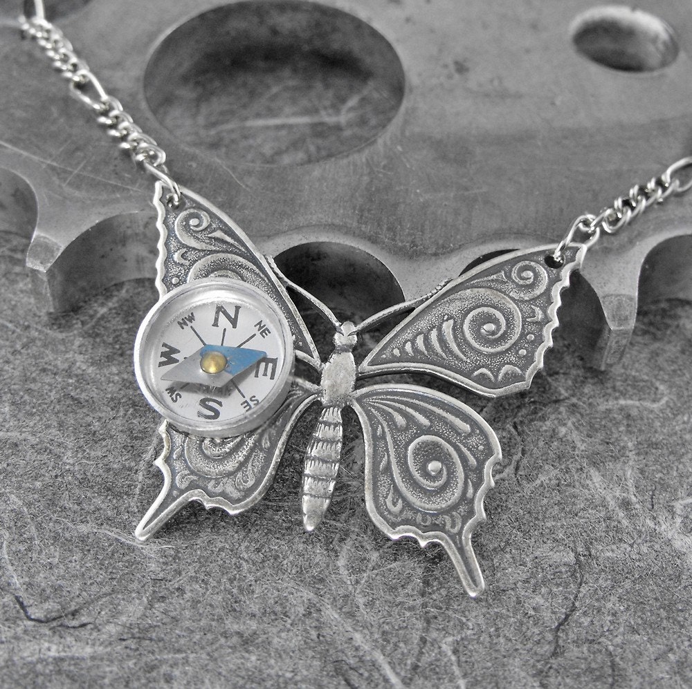 Steampunk Compass Butterfly Silver Necklace - Flight of the Travelling Butterfly by COGnitive Creations