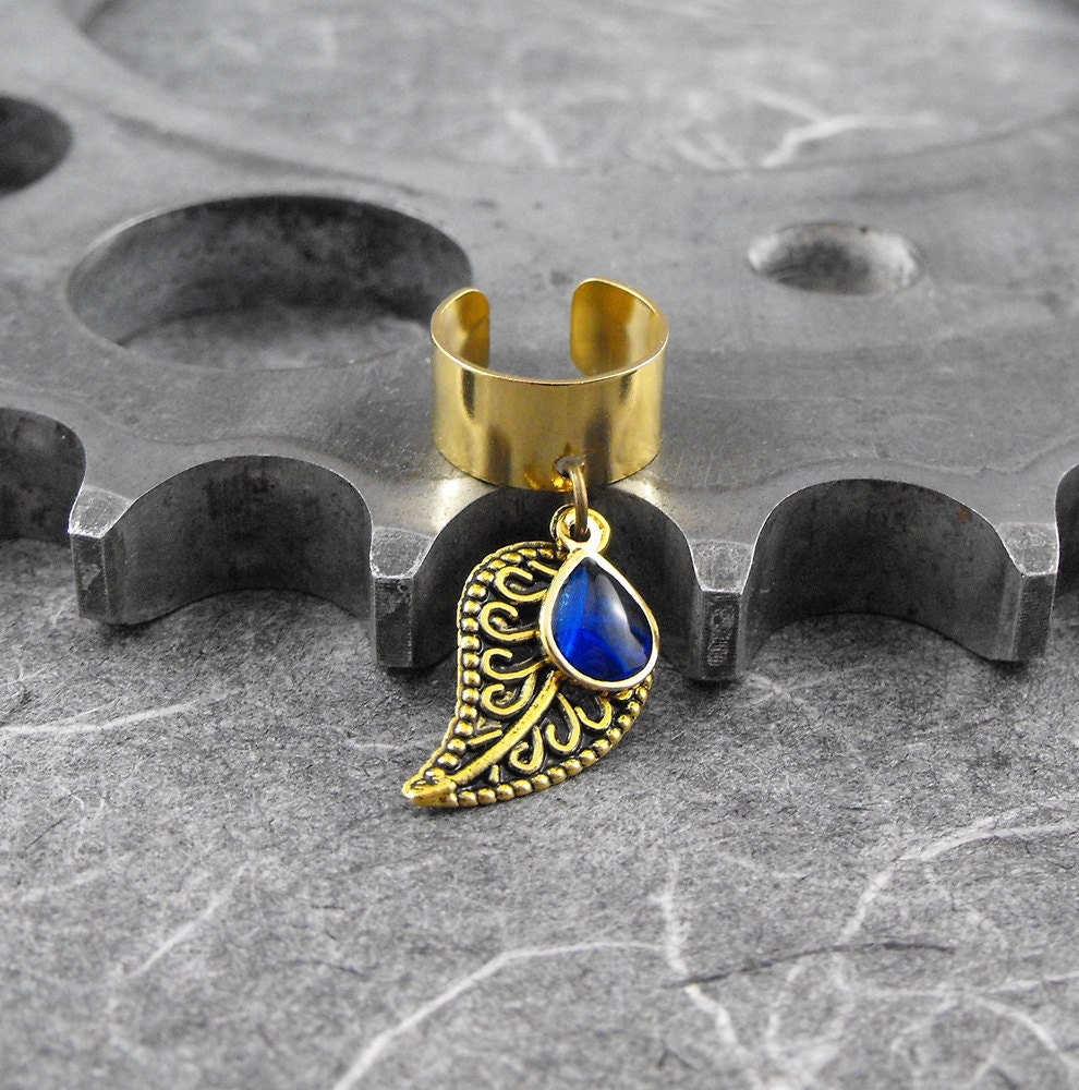 Sapphire Blue on Gold Leaf Ear Cuff - Blue Tear of Nature by COGnitive Creations