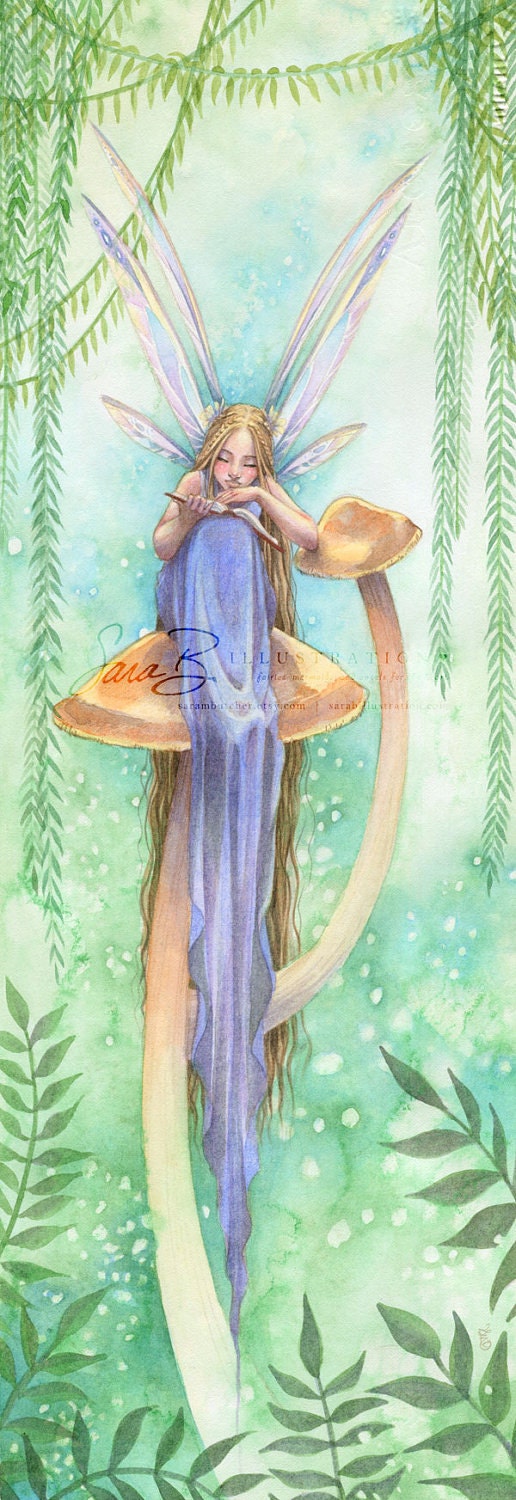 Fairy in Sapphire Art Print - Sitting on a Golden Mushroom Reading Book - Emerald Forest