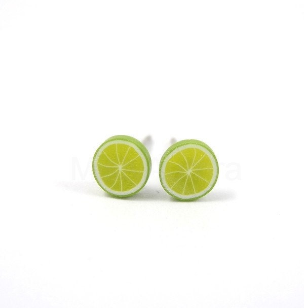 Lime Earring Studs - Green Earring Posts - Miniature Fruit - Polymer Clay - Free Shipping Etsy - MistyAurora