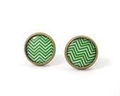 Chevron Earring Studs - Green White Chevron Earring Posts - Chevron Jewelry