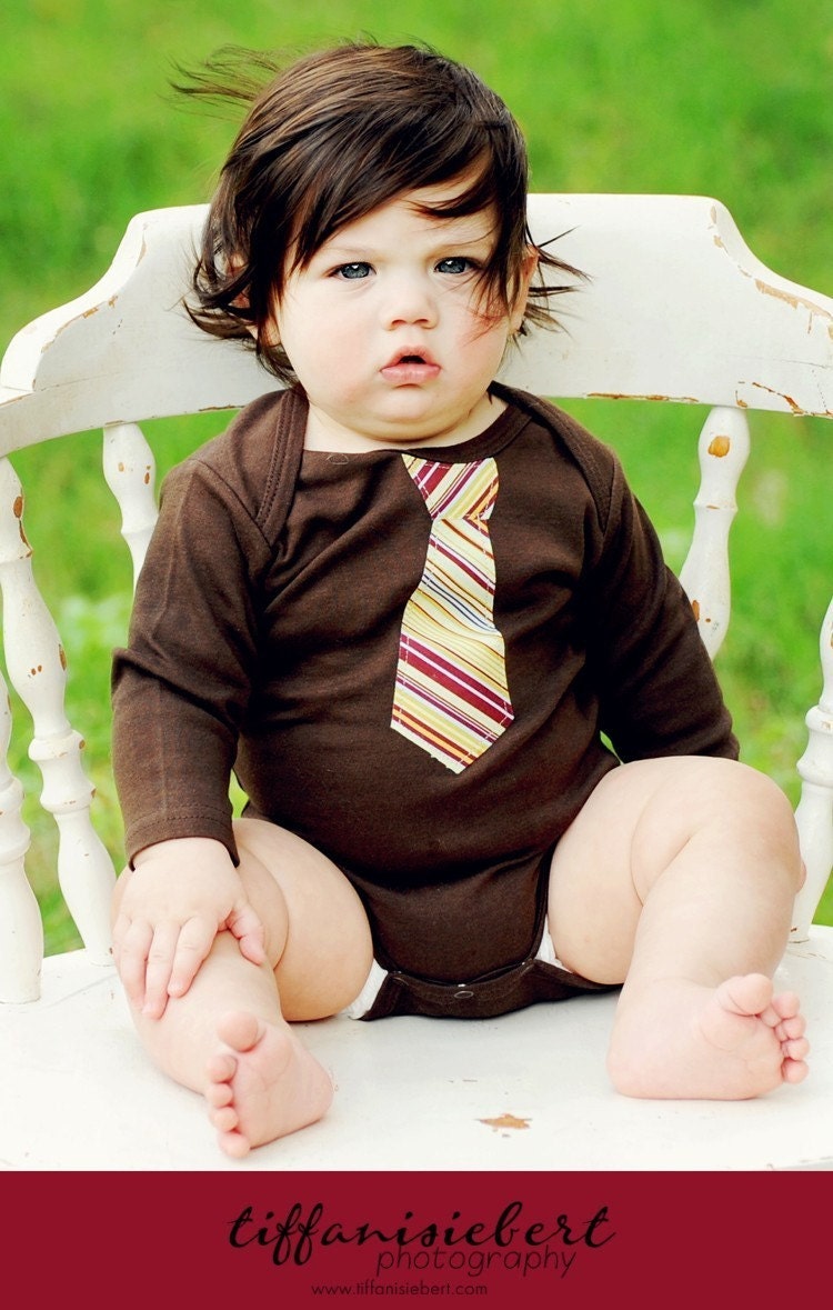 BROWN Baby BODYSUIT / LAP T  with an  Eggplant stripes  Necktie appliqué ...........Great  baby shower gift