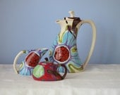 Tea Set - Urban Fusion Funky Tea Pot, Cream & Sugar - Colorful Pottery Serving Boho Home Decor Gift Giving   UF-369, UF-374