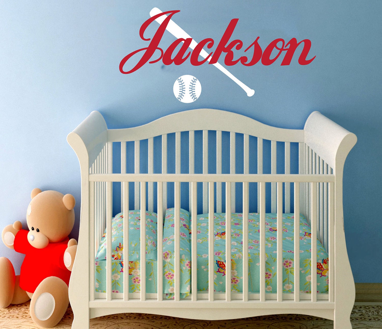 Baseball Wall Decal with Name - Children' Nursery Bedroom Decor - Vinyl Wall Art Sticker - Baseball Bat and Baseball -CB128B