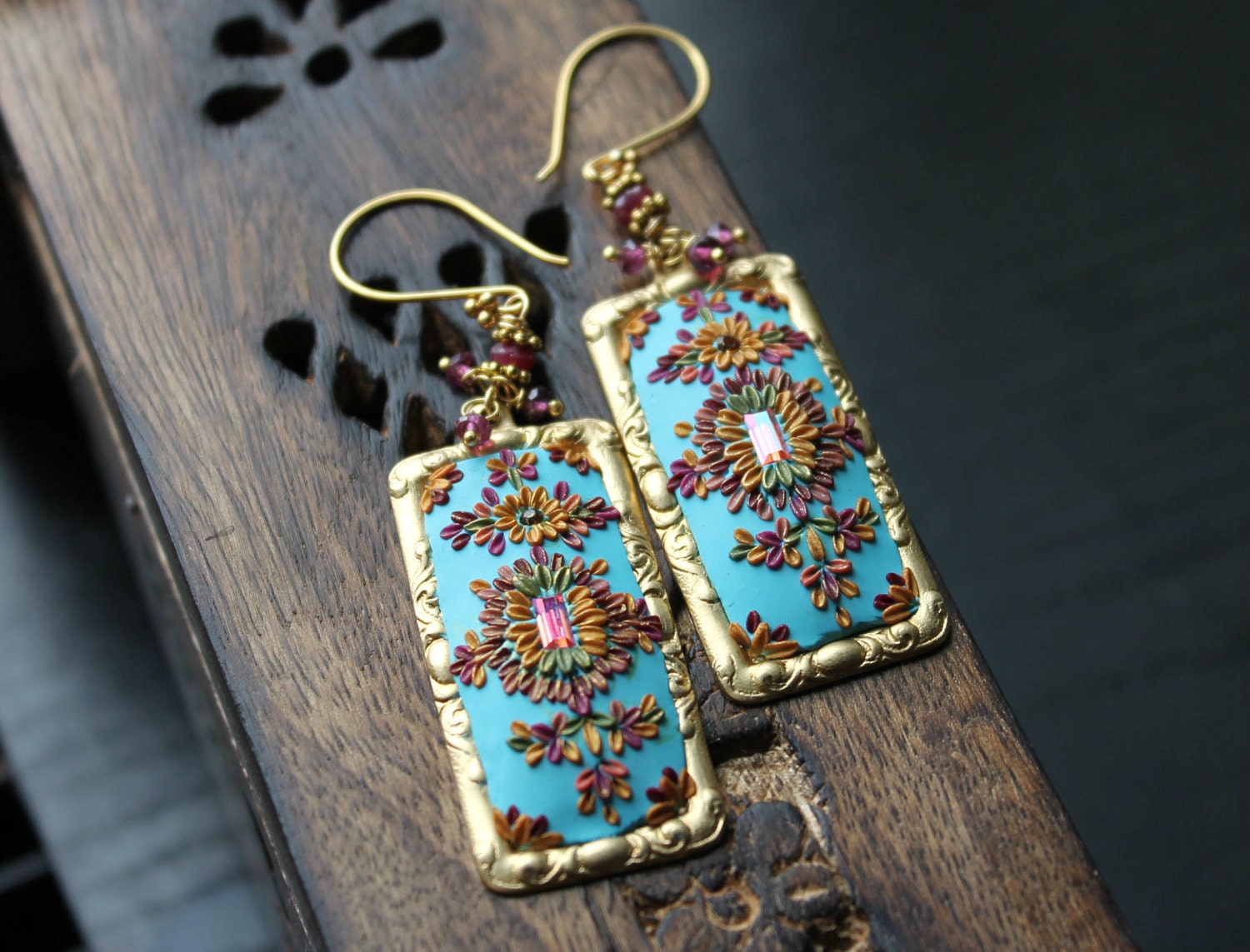 Jewel tones, Ruby, Rhodolite garnet gold earrings - vermeil and Vintage Brass - Jewelled Seascape
