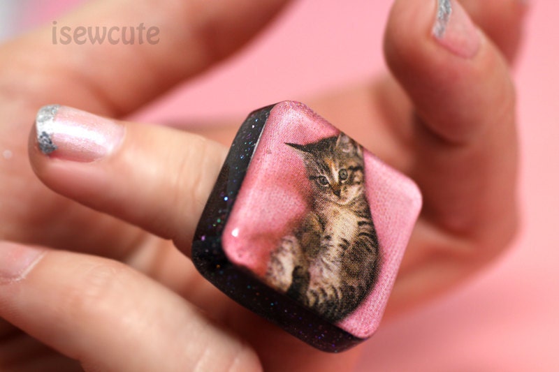 Cat Resin Ring Take Me to the Kittens Super Cute Kawaii Pink Modern Square Adjustable Size with Glitter by isewcute