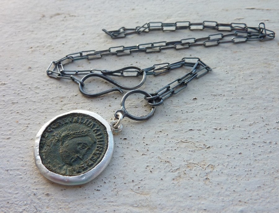 Antique Roman coin necklace,Statement necklace, ancient coin necklace sterling silver chain, Roman coin pendant