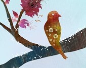 Bird Tree Branch Art - The World Standing Still (blue) - 8x10 Print - Red Blue