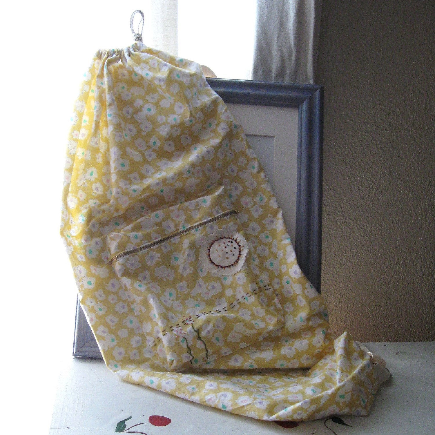 YOGA DRAWSTRING BAG Hand Embroidered on Vintage Yellow Floral Cotton "Sunny"