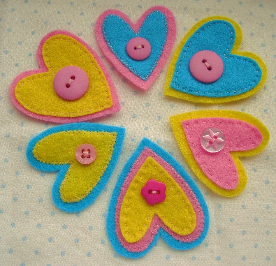 Pink, Yellow and Turquoise Felt Heart Decorative Embellishments