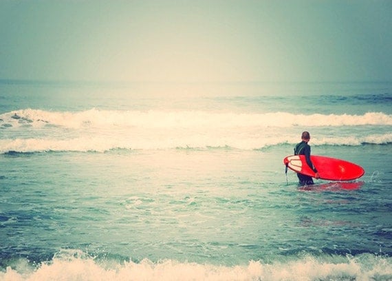 as seen on Modern Family. surfer photograph. Liquid Courage red surfboard white mint blue beach California seaside, for him, dorm decor