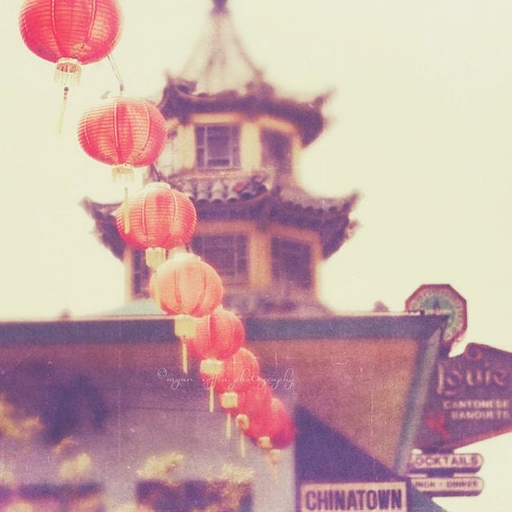 photography, asian decor, red lanterns, Chinatown photograph Los Angeles Hop Louie, dim sum temple pagoda architecture, Chinese New Year