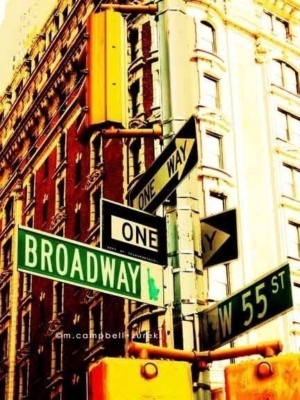 NYC photography, New York City photograph, Broadway & 55th streets, urban street sign Big Apple East Coast travel musical theatre