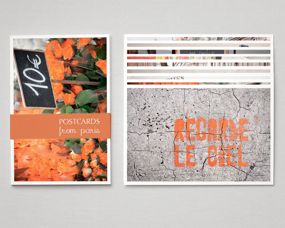 Postcards from Paris, Set of Nine Orange Paris Postcard Set, 4x6 Photo Cards, Paris Photography Art Prints, Wall Art Postcard
