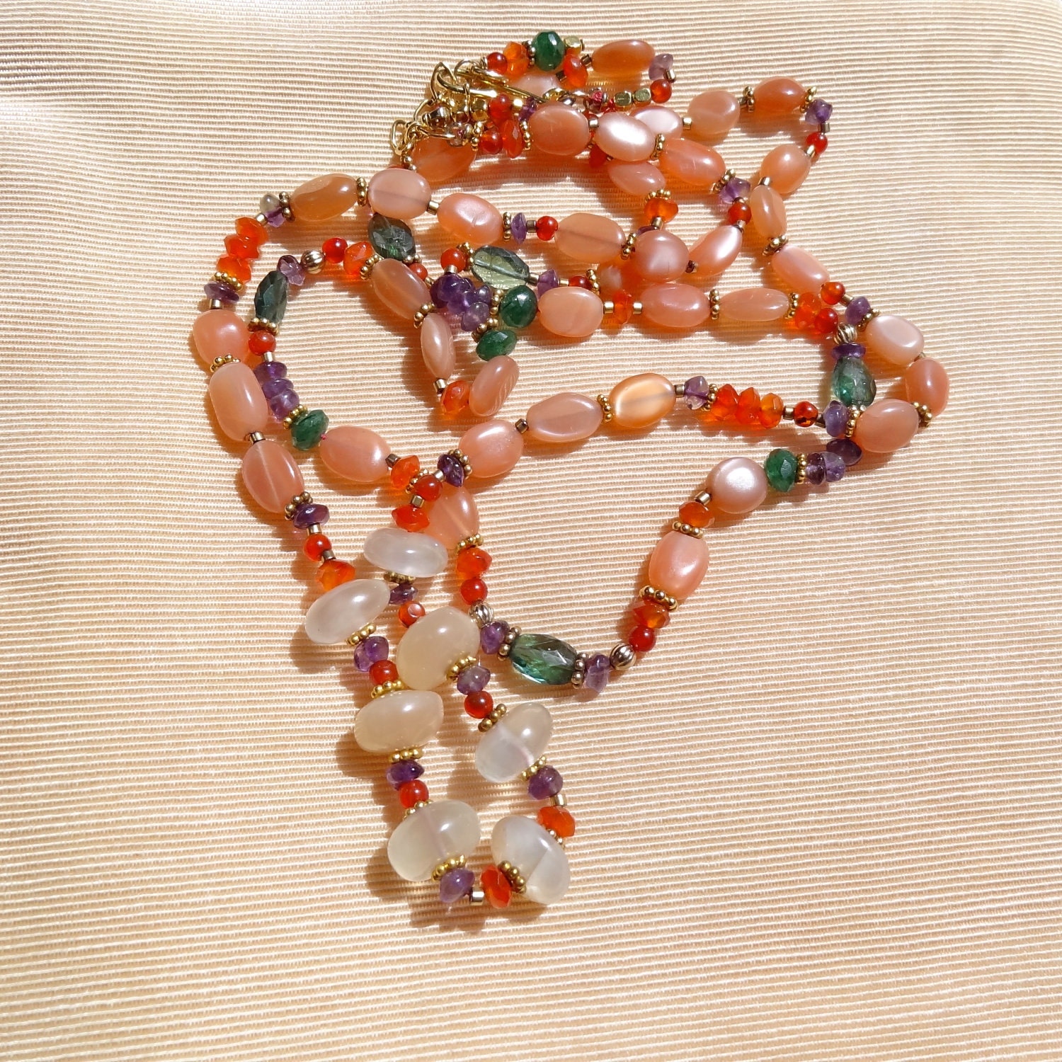 Colorful  beaded gemstone necklace Handmade adjustable 2 strand necklace Peach Aventurine, Hassonite Garnet, Moonstone, Carnelian,Amethyst