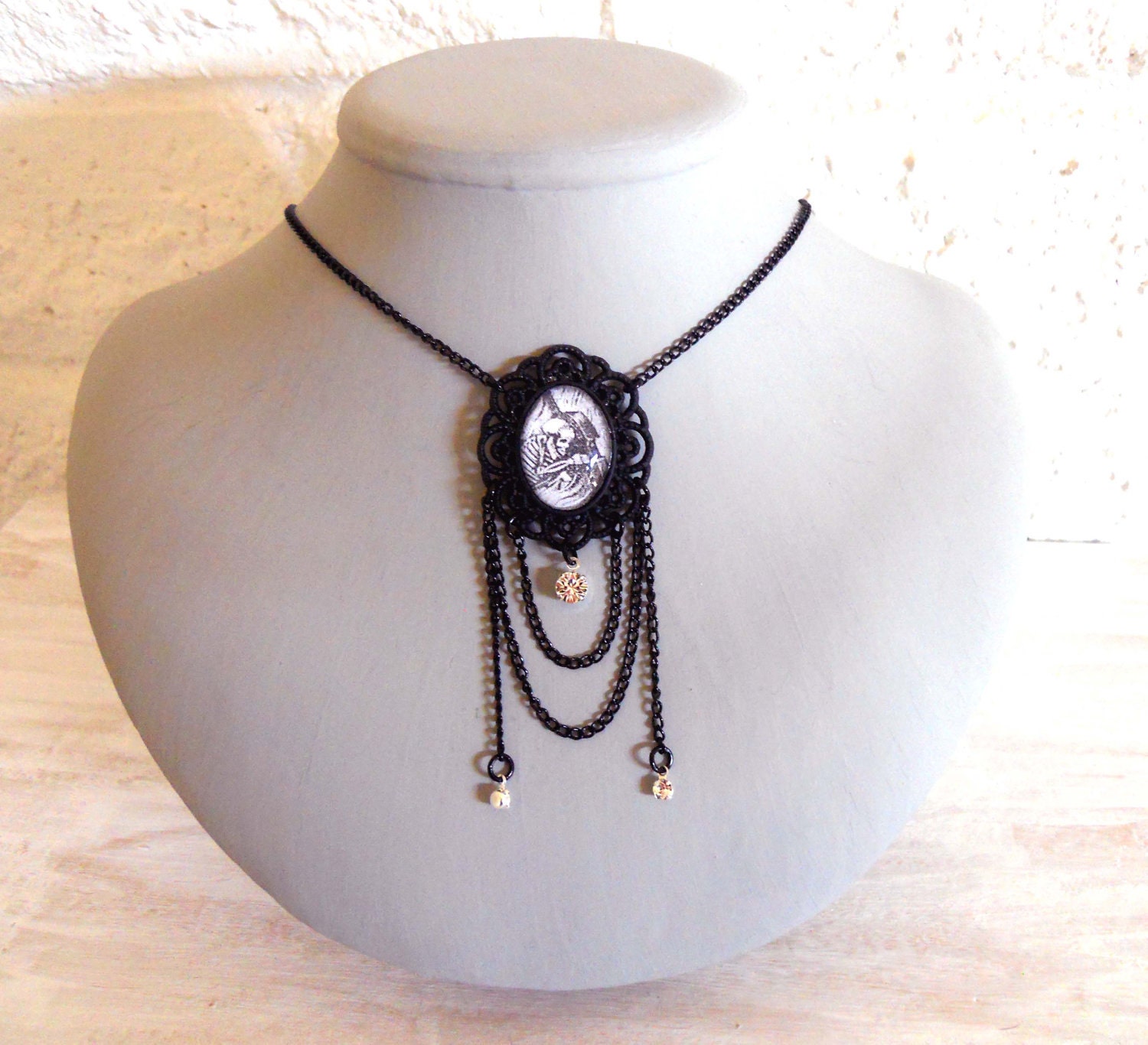 Day of the Dead Necklace Dia De Los Muertos- Skeleton playing Guitar in an Ornate Black Cameo Setting with Chains and Crystals