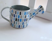 Blues and greys watering can - mixed media original mosaic