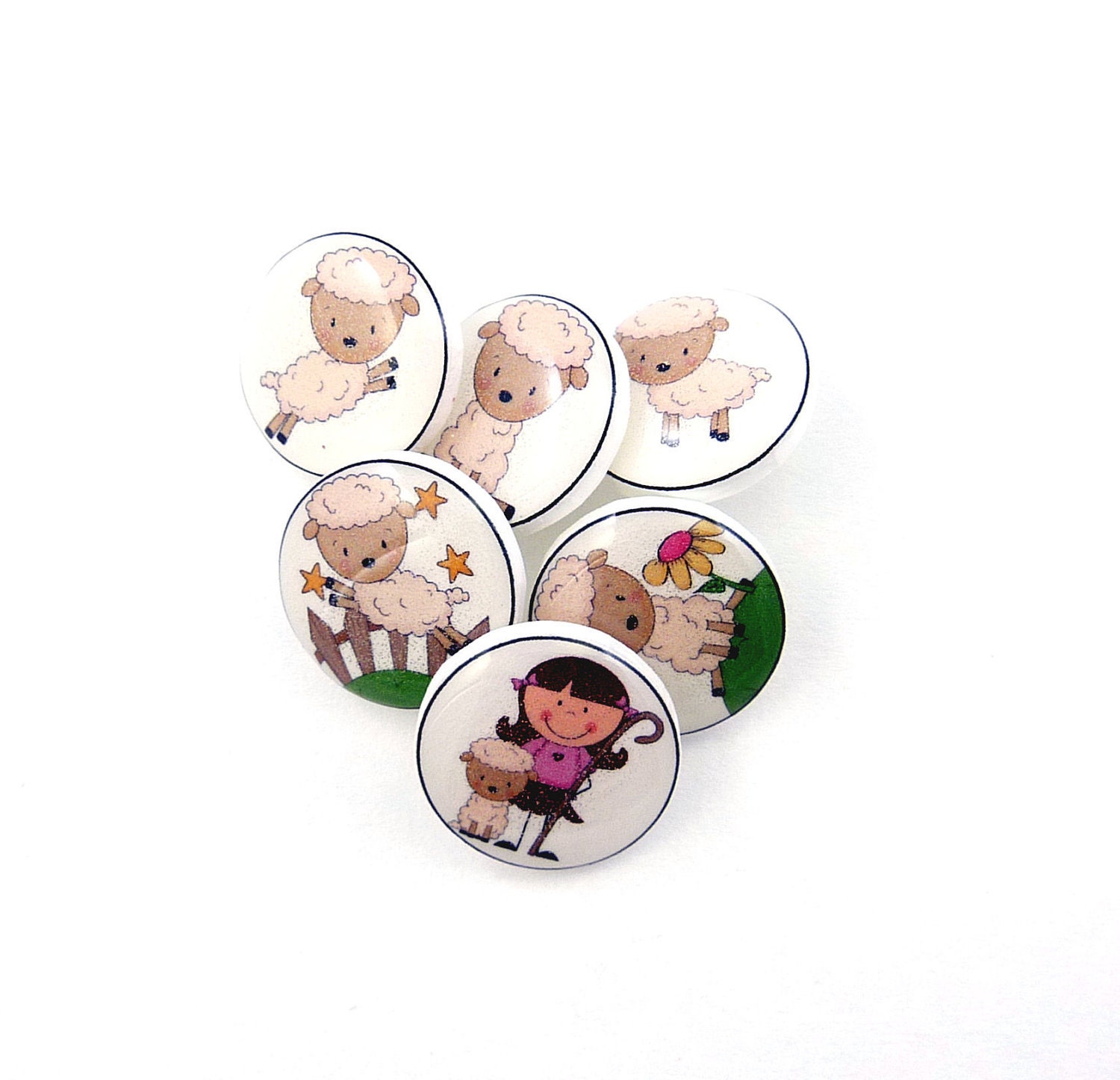 6 SMALL Mary Had a Little Lamb Buttons. 6 Handmade Buttons. Shank Sewing Buttons.