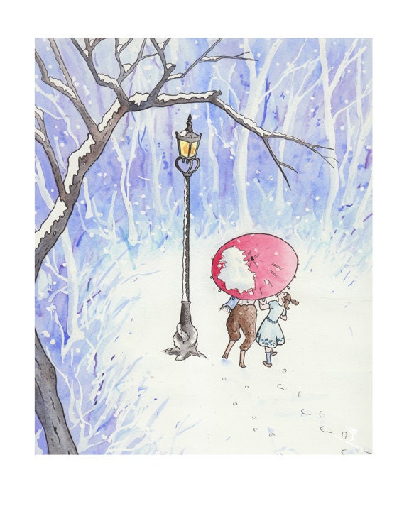 Narnia Lamp Post: Nursery Art Print - Children's Art  - Home Decor - Forest - Snow  - 8 X 10