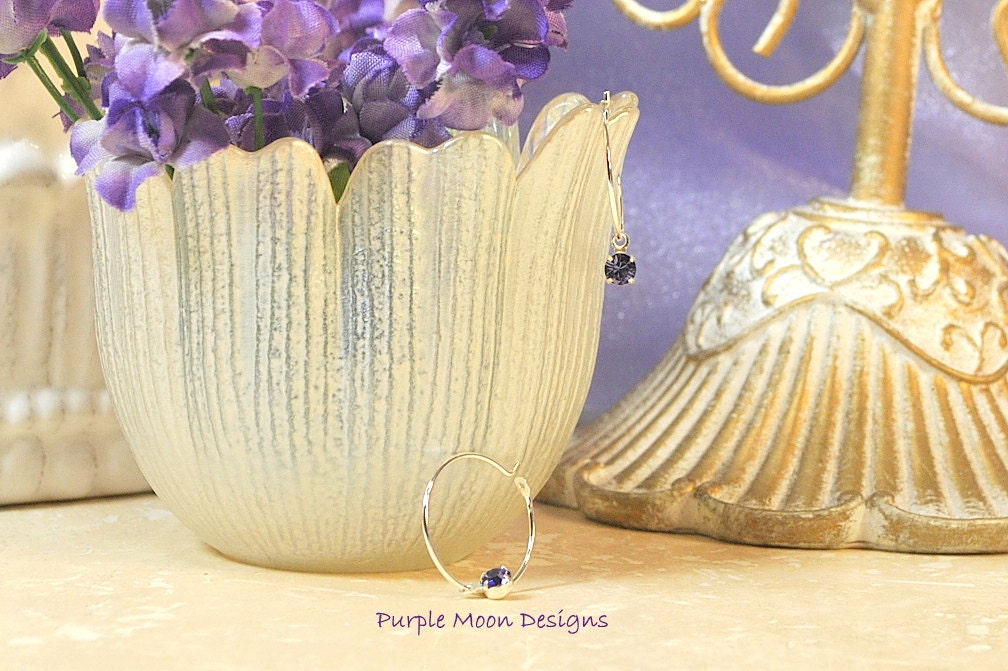 Tanzanite Purple Crystal Drop on 3/4" Sterling Silver Wire Hoop Earring