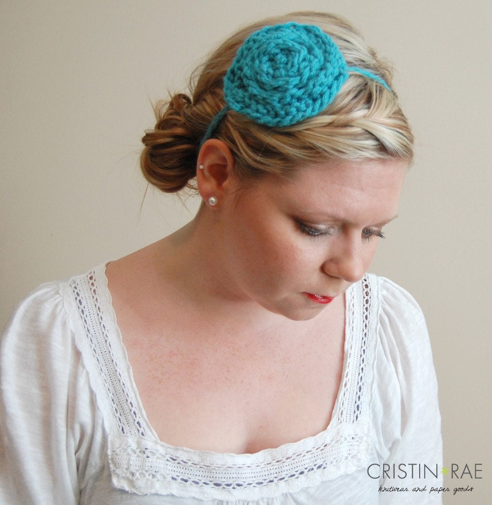Skinny Posie Headband in Teal // Adult Blue Flower // Poppy Knitted Headband