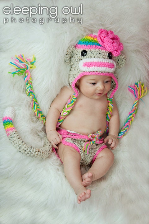 Baby Rainbow Sock Monkey Hat & Diaper Cover SET Newborn 0 3m 6m Photo Prop Crochet Girls Clothes CUTE BABY