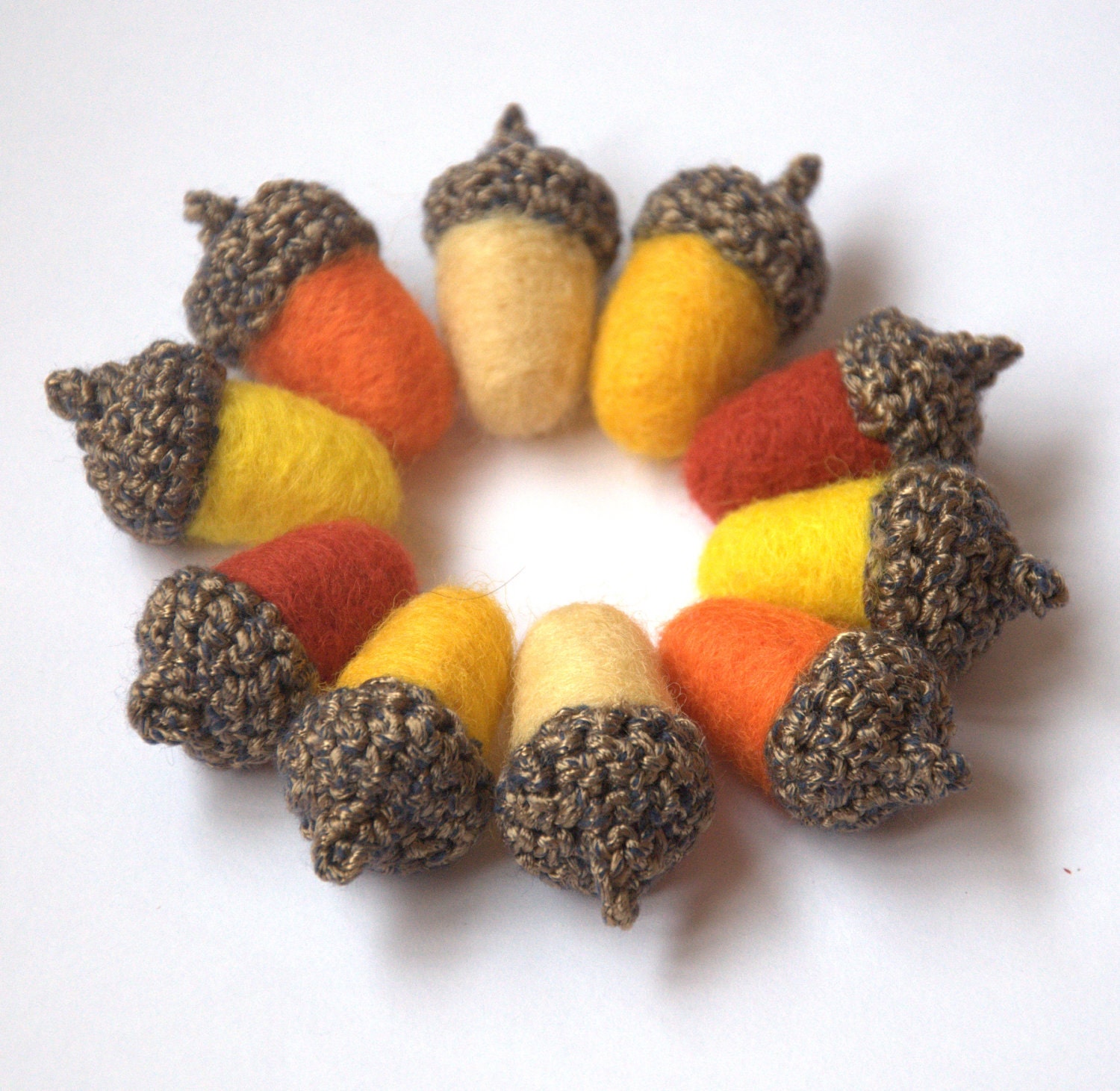 10 felt Acorns autumn decor wool Weddings favor farm country rustic barn cottage style yellow orange brown decor Thanksgiving gift garland