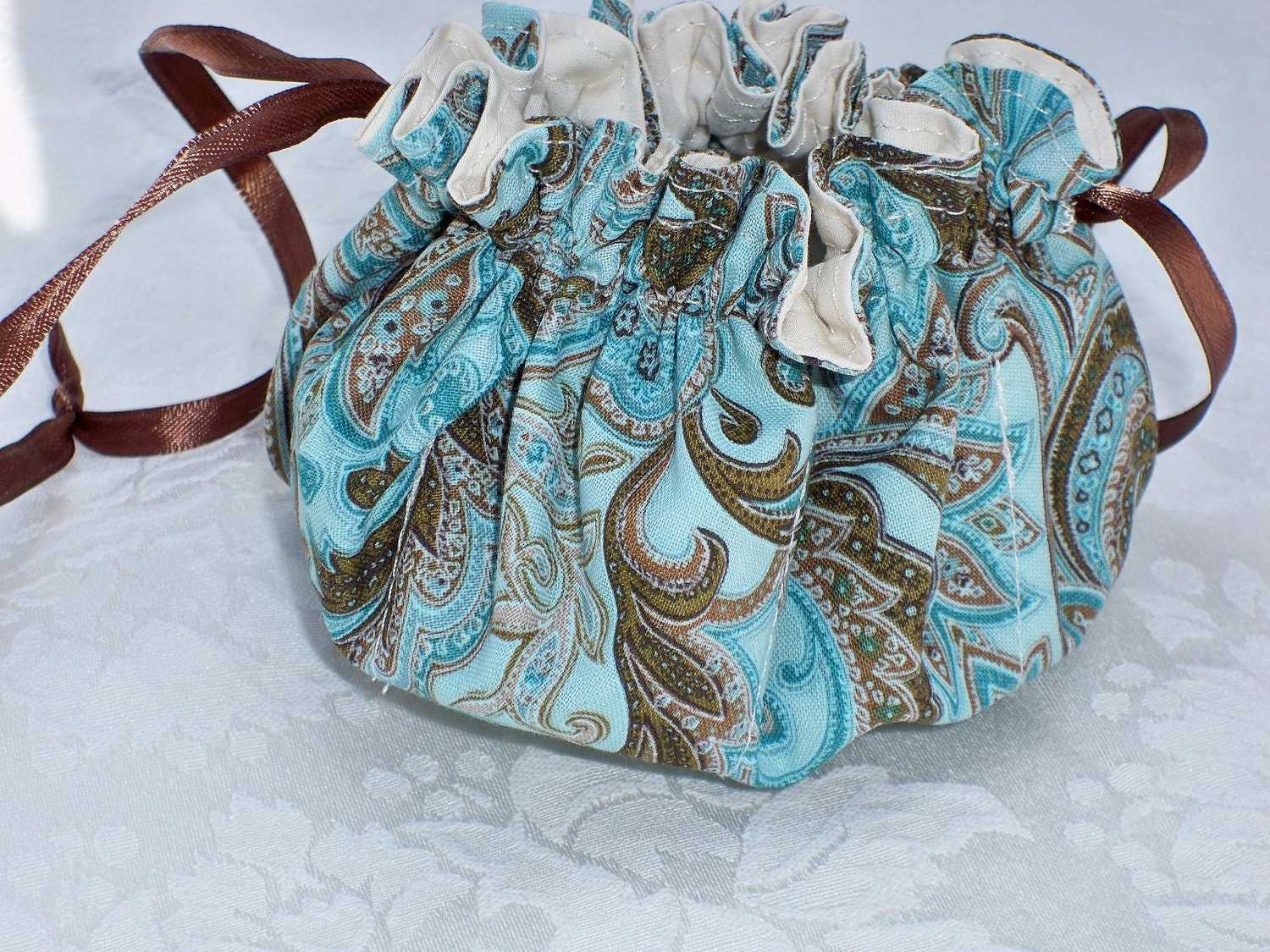 Jewelry Pouch, Drawstring Bag, Turquoise Paisley, Chocolate Ribbon