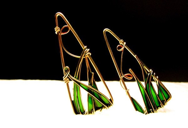 Triangle Earrings. 12K Gold Filled Earrings. Dangle Earrings. Colorful Earrings. Green Earrings. Gifts for her.