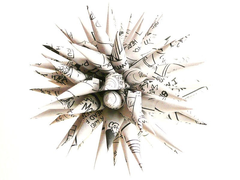 Recycled Newspaper Decoration Black White Funnies Modern Polish Porcupine Ball Star Urchin - 4 inch - Daily Comics Series