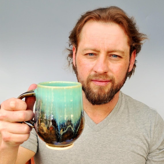 Pottery Mug or Beer Stein For Him Turquoise metallic Brown Farmhouse Morning
