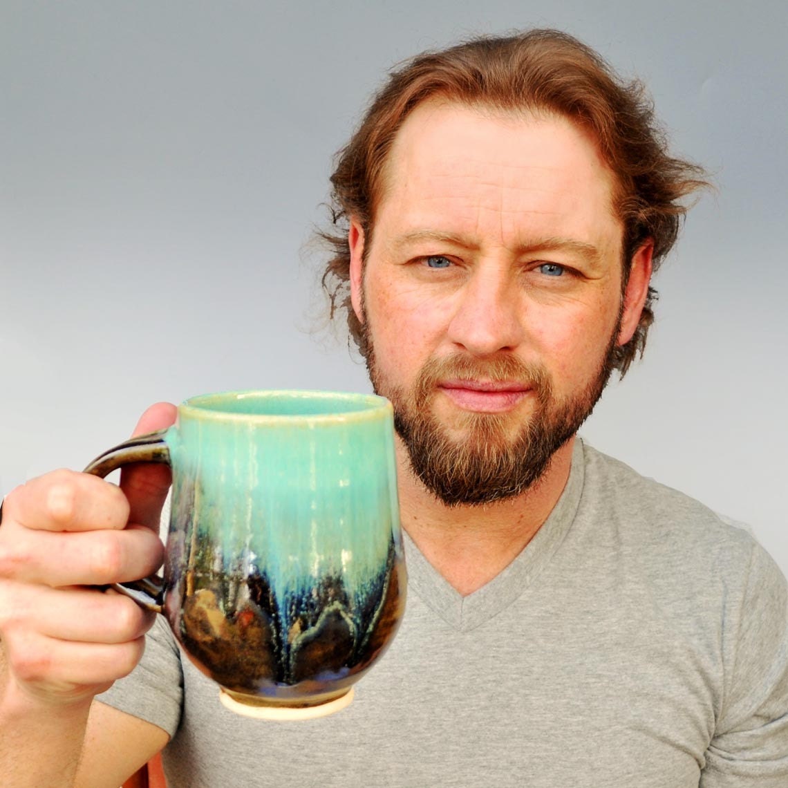 Pottery Mug or Beer Stein For Him Turquoise metallic Brown Farmhouse Morning