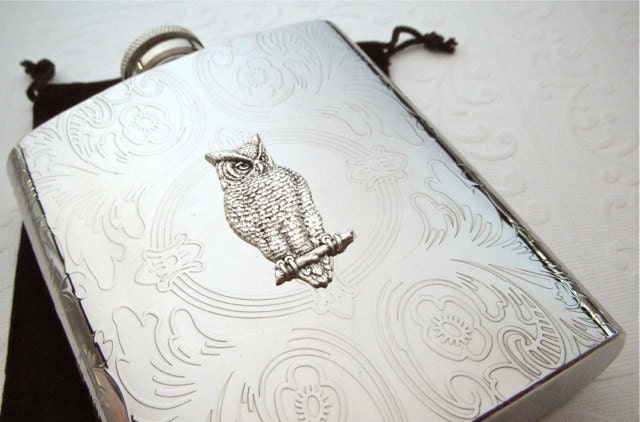Silver Owl Flask Vintage Inspired Silver Flask Stainless Steel 8 oz Gothic Victorian Woodland Flask Steampunk Flask Women's Gifts