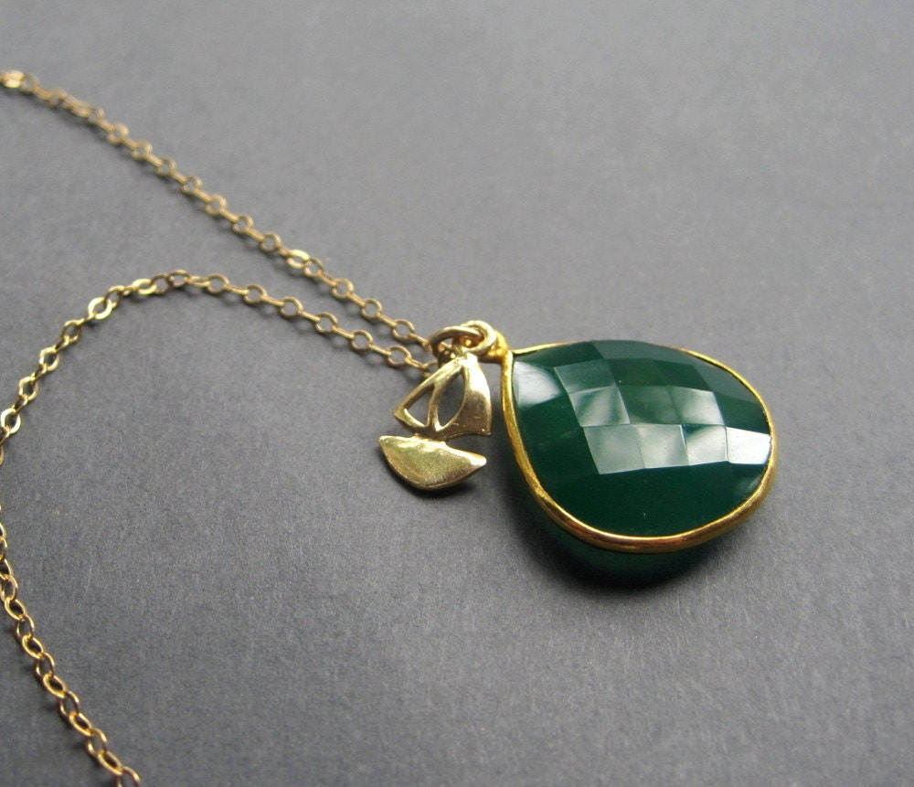 Gold Necklace - Vermeil Sailboat - Nautical Necklace - Green Onyx - Sailboat Necklace