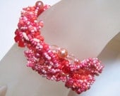 Handmade Jewelry Bracelet Beaded Beadwork Freeform Peyote Seed Beads Crystal Pink Coral Peach Vintage Glass Button...Coral Reef
