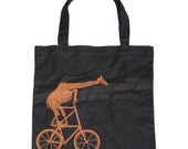 Giraffe on a tall BIKE Screen Printed Tote Book Bag