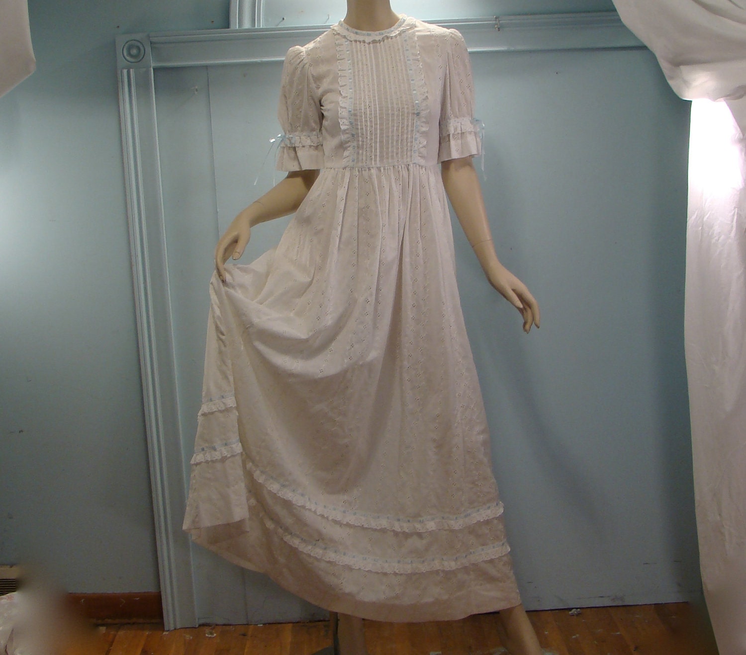 White Lace Maxi Dress- 1970's Regency Inspired- Empire Waist, Ribbon Trim