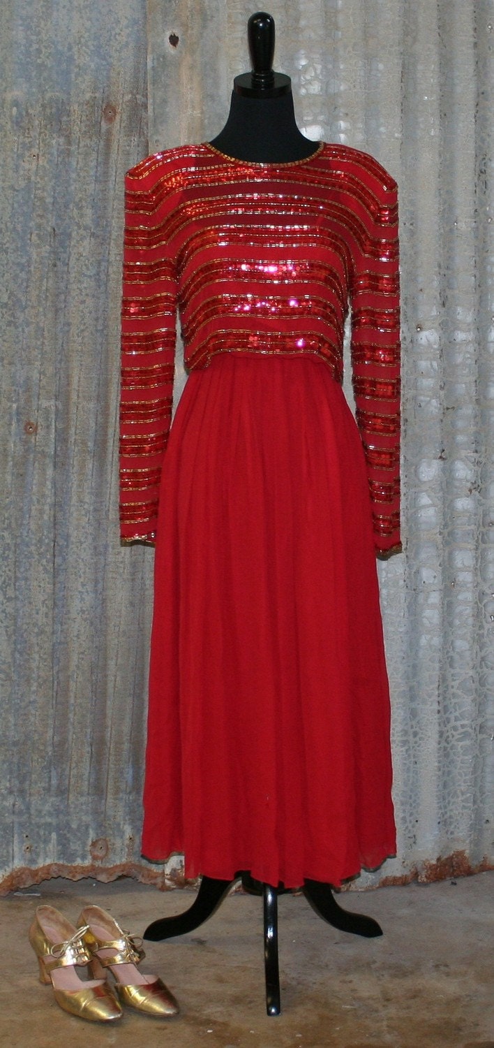Ruby Don't Take Your Love to Town - Red Beaded Silk Cocktail Dress - Circa 1980's Sequin Dress
