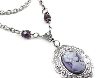Neo Victorian Cameo Necklace - Dearly Departed - with Amethyst Purple Czech Glass Accents - By Ghostlove