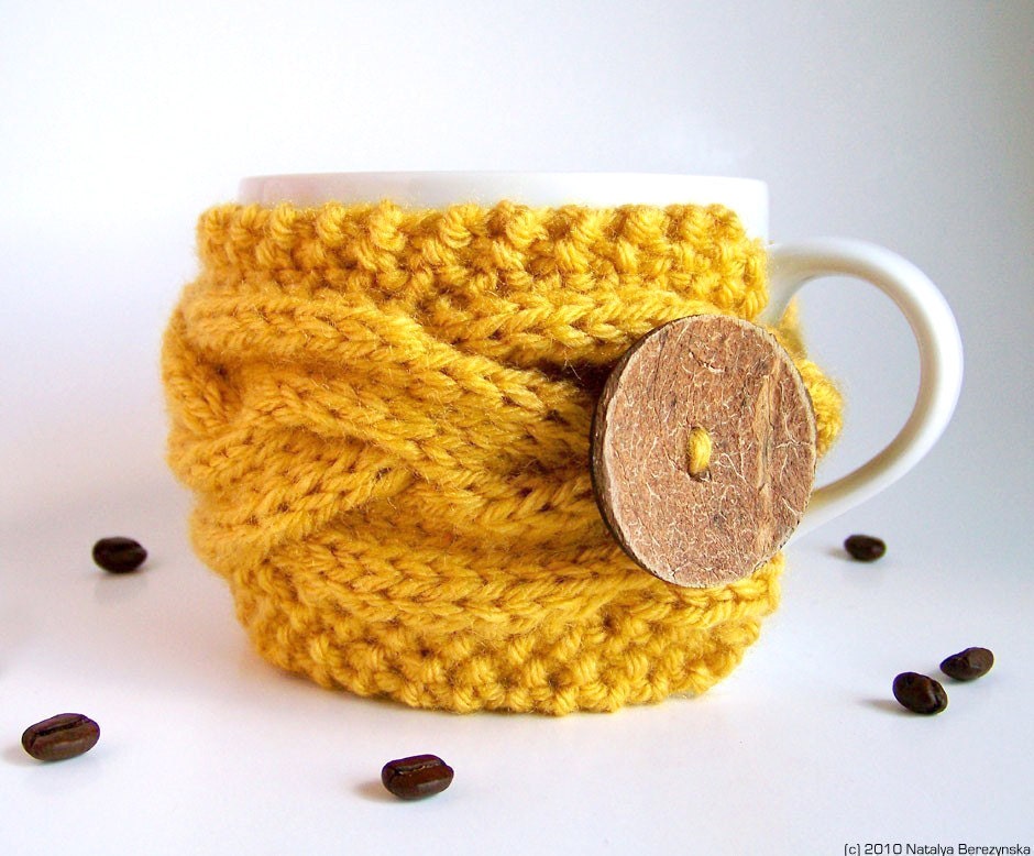 Coffee Cozy in Honey Yellow, Cabled Cup Cozy - Geometric  Summer Sun Mustard Bee Wax ohtteam Farm Egg Yolk Bright - Graduation Gift