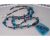 Handcrafted Floral Print Long Necklace - Turquoise and Black No. 137
