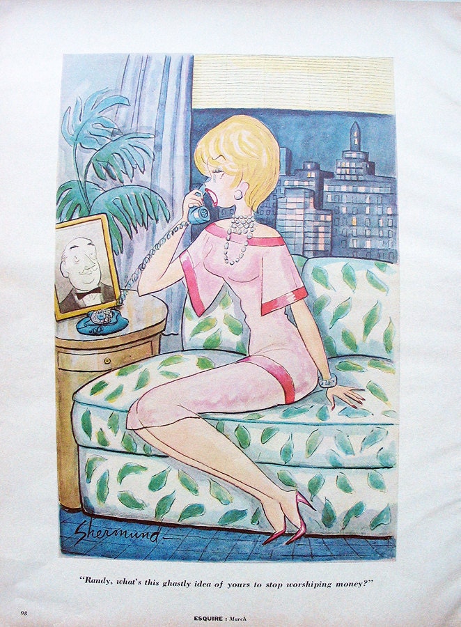 1961 golddigger cartoon Barbara Shermund in Esquire bimbo mistress trophy wife - Free U.S. shipping