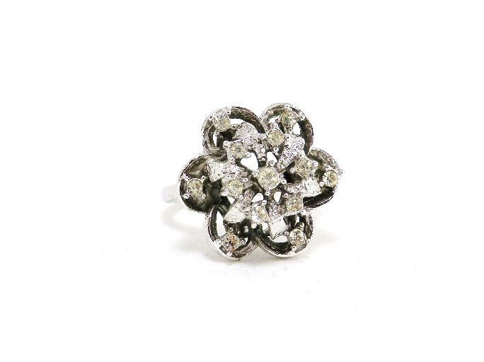 Vintage 1970s Sterling Silver and Rhinestone Celebrity Cocktail Ring Size 9