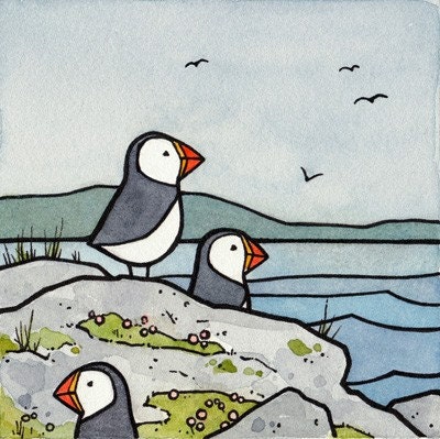 Puffins 3x3 Watercolor Illustration Print