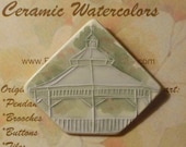 One & Only "In the GOOD OLD SUMMERTIME" watercolor on ceramic handmade pin brooch old fashioned gazebo design by Faith Ann Originals