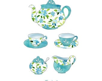 Tea for two Art Print , Nostalgic , Retro, Romantic digital collage, Mother's Day, limited edition, shabby chic, turquoise, lime aqua