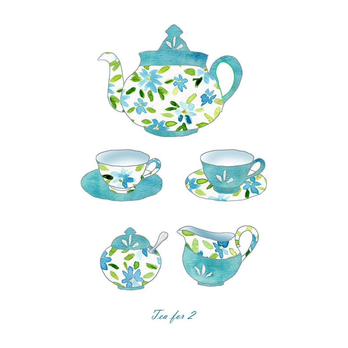 Tea for two Art Print, Nostalgic, Retro, nostalgic. digital collage, Mother's Day, limited edition, shabby chic, turquoise, lime aqua