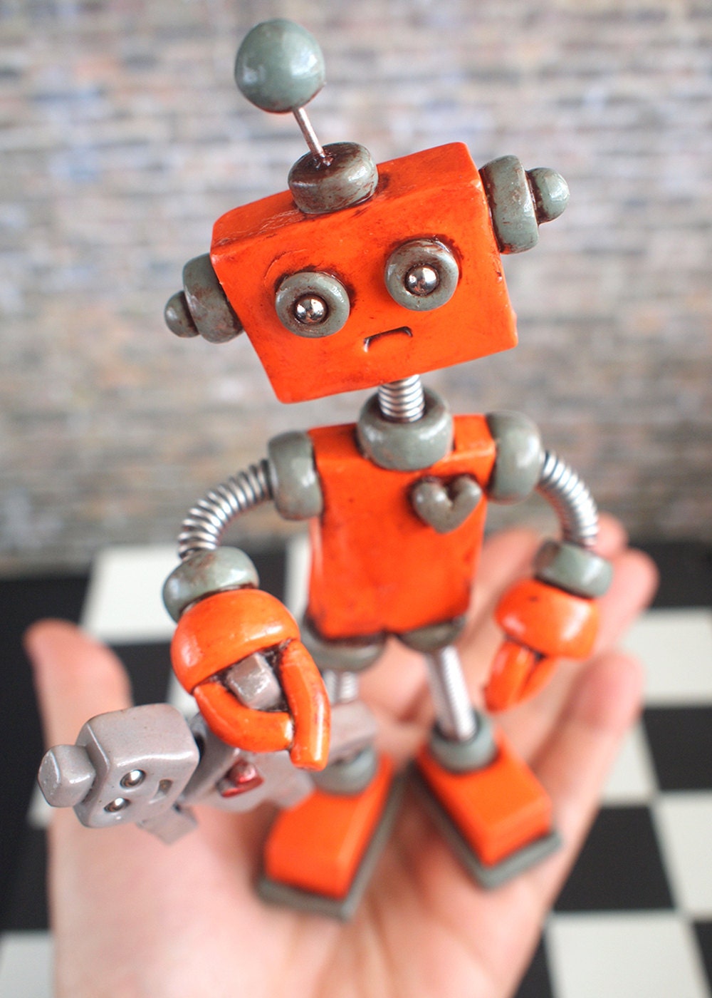 Robot Sculpture Orange Olie Rustic Bot with Robot Doll MADE TO ORDER - Clay, Wire, Paint