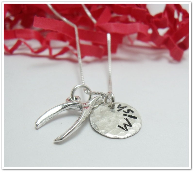 SALE -Sterling Silver Wishbone Charm Necklace with personalized round tag